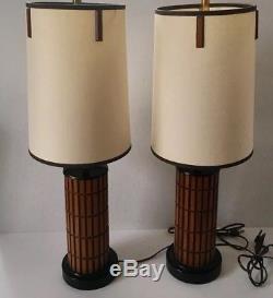 Pair Mid Century Modern Paneled Wood Column Lamps with Shades