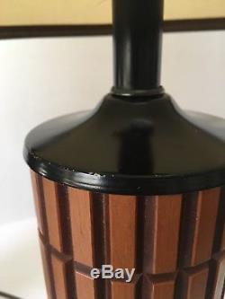 Pair Mid Century Modern Paneled Wood Column Lamps with Shades