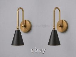 Pair Of Mid Modern Brass Wall Sconce Cone Shade Italian Stilnovo Style Light