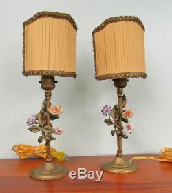 Pair Of Ornate Boudoir Lamps Unusual Shades Painted Metal Flowers Vintage