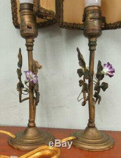 Pair Of Ornate Boudoir Lamps Unusual Shades Painted Metal Flowers Vintage