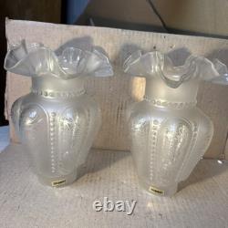 Pair Of VINTAGE ETCHED SATIN GLASS FLORAL LAMP SHADES FLUTED RIM 9.5 in. Height