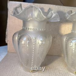 Pair Of VINTAGE ETCHED SATIN GLASS FLORAL LAMP SHADES FLUTED RIM 9.5 in. Height