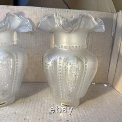 Pair Of VINTAGE ETCHED SATIN GLASS FLORAL LAMP SHADES FLUTED RIM 9.5 in. Height