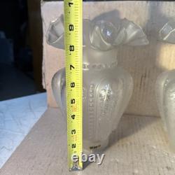 Pair Of VINTAGE ETCHED SATIN GLASS FLORAL LAMP SHADES FLUTED RIM 9.5 in. Height