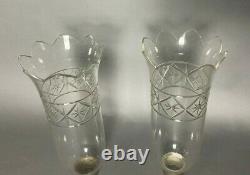 Pair Of Vintage Antique Etched Glass 11 Hurricane Glass Table Lamp Shades