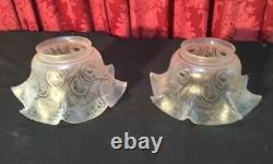 Pair Of Vintage Antique Victorian Floral Decorated Acid Etched Gas Lamp Shades
