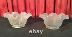 Pair Of Vintage Antique Victorian Floral Decorated Acid Etched Gas Lamp Shades