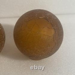 Pair Of Vintage Art Deco Crackled Amber Glass Globe Brain Lamp Shades Topaz
