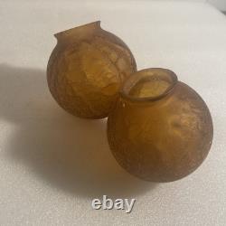 Pair Of Vintage Art Deco Crackled Amber Glass Globe Brain Lamp Shades Topaz