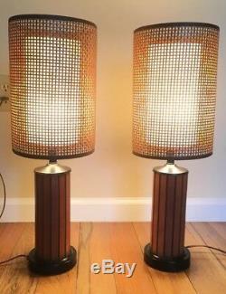 Pair Of Vintage Black Teak Panel Table Lamps With Original Rattan Shade 30H