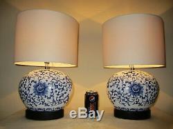 Pair Of Vintage Blue And White Chinese Porcelain Lamps With Vintage Shades