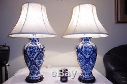 Pair Of Vintage Blue And White Chinese Porcelain Table Lamps With Vintage Shades