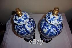 Pair Of Vintage Blue And White Chinese Porcelain Table Lamps With Vintage Shades