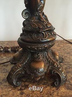 Pair Of Vintage Bronze Metal Cherub Figural Lamps Amber Glass Shades Globes MCM