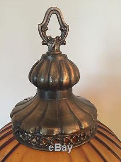 Pair Of Vintage Bronze Metal Cherub Figural Lamps Amber Glass Shades Globes MCM