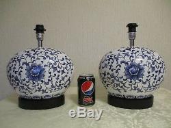 Pair Of Vintage Chinese Blue And White Table Lamps With New Shades