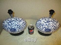 Pair Of Vintage Chinese Blue And White Table Lamps With New Shades