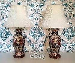 Pair Of Vintage Chinese Blue Gilt Handpainted Table Lamps With Rouched Shades