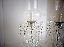 Pair Of Vintage Clear Crystal Table Lamps With Etched Hurricane Shades