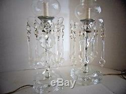 Pair Of Vintage Clear Crystal Table Lamps With Etched Hurricane Shades