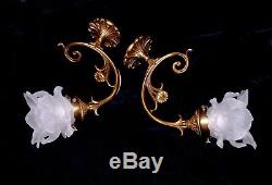 Pair Of Vintage French Brass Sconces Lamps Art Deco With Rose Shades