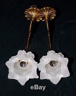 Pair Of Vintage French Brass Sconces Lamps Art Deco With Rose Shades