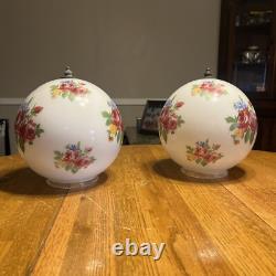 Pair Of Vintage Glass Flora Roses Ceiling Light Round Globe Shades