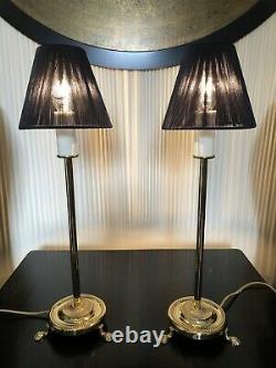 Pair Of Vintage Laura Ashley Candlestick Style Brass Lamp Bases & Black Shades