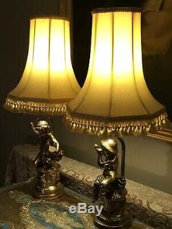 Pair Of Vintage Mid Century Cherub Gilt Table Lamps & Shades