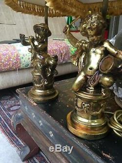Pair Of Vintage Mid Century Cherub Gilt Table Lamps & Shades