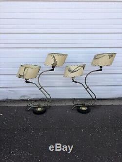 Pair Of Vintage Mid Century Modern Boomerang Style Lamps With Fiber Glass Shades