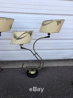 Pair Of Vintage Mid Century Modern Boomerang Style Lamps With Fiber Glass Shades