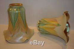 Pair Of Vintage Quezel Art Glass Pulled Feather Lamp Shades