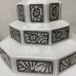 Pair Of Vtg Art Deco Skyscraper Milk Glass Shades Stenciled For Ceiling Fixture