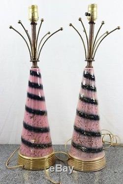 Pair Pink Mid Century Atomic Table Lamps Two Tier Fiberglass Shade Vintage 1960s
