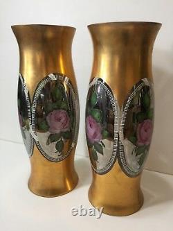 Pair Rare Antique Handpainted Gold & Rose Flower Hurricane Lamp Shade, 16 Tall