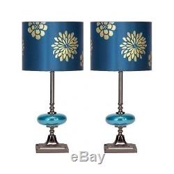 Pair Table Lamps Desk light Vintage Glass Style Blue Shade Silver Gold Flowers 2