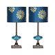 Pair Table Lamps Desk Light Vintage Glass Style Blue Shade Silver Gold Flowers 2
