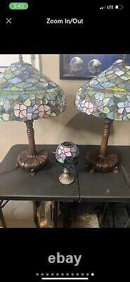 Pair Tiffany Style Table Stained Glass Vintage Lamps 23.5