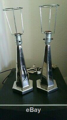 Pair VINTAGE 30s Machine Age ART DECO CHROME TABLE LAMPS/Shade Holder INDUSTRIAL