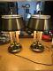 Pair Vtg French Frederick Brass Bouillotte Style W Tole Lamp Metal Shade 3 Way