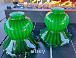 Pair Victorian Emerald Green Cased Glass Watermelon Ribbed Ruffled Lamp Shades