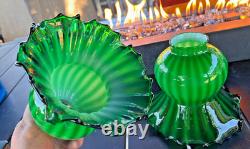 Pair Victorian Emerald Green Cased Glass Watermelon Ribbed Ruffled Lamp Shades