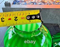Pair Victorian Emerald Green Cased Glass Watermelon Ribbed Ruffled Lamp Shades