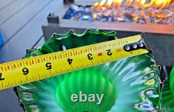 Pair Victorian Emerald Green Cased Glass Watermelon Ribbed Ruffled Lamp Shades