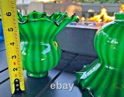 Pair Victorian Emerald Green Cased Glass Watermelon Ribbed Ruffled Lamp Shades