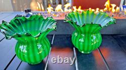Pair Victorian Emerald Green Cased Glass Watermelon Ribbed Ruffled Lamp Shades