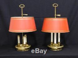 Pair Vintage 1940s Brass Red & Gold Tole Shade Bouillotte Lamps