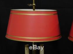 Pair Vintage 1940s Brass Red & Gold Tole Shade Bouillotte Lamps